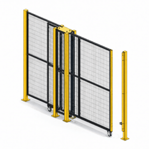 Illustration 3D colorisée d’une porte coulissante industrielle à 4 montants, avec poteaux jaunes et panneaux grillagés noirs, utilisée pour la sécurisation de zones de production.