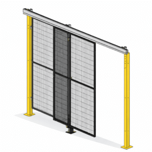 Visuel 3D d’une porte coulissante grillagée industrielle, avec poteaux jaunes et panneau coulissant à cadre noir, conçue pour les systèmes de cloison grillagée EasyGuard et ImpactGuard.