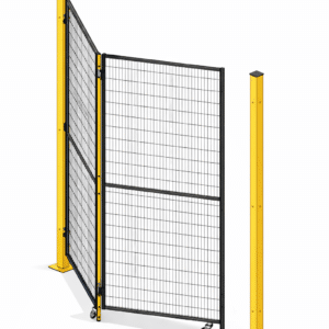 Visuel 3D d’une porte pliante grillagée industrielle, avec structure en poteaux jaunes et panneaux grillagés noirs, conçue pour les zones de passage et les installations de sécurité Montatech.