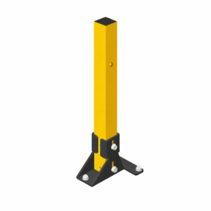 Poteau ImpactGuard avec base réglable, insert de fixation central et finition industrielle jaune pour protections grillagées.