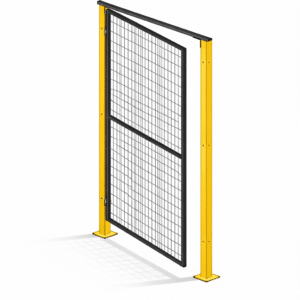 Rendu 3D d’une porte battante de protection industrielle, grille noire et poteaux jaunes, sans annotation ni décor